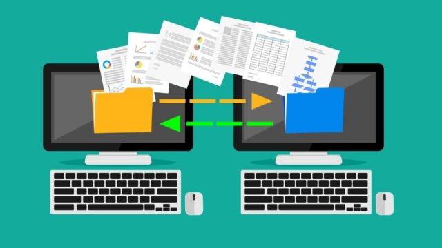 illustration of files transferring from one computer to another