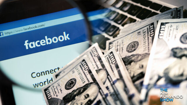 stack of cash and Facebook open on a computer to signify a scam