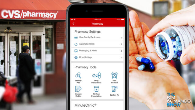 CVS pharmacy, bottle of pills and medication app open on a smartphone