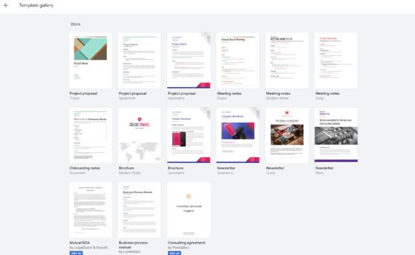 screenshot of Google Docs templates