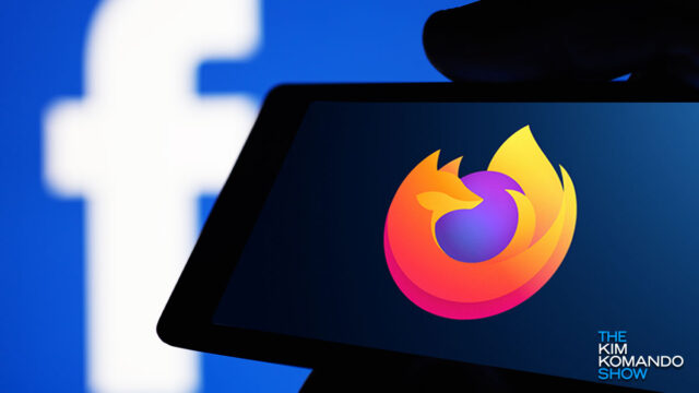 phone showing the Mozilla Firefox logo with Facebook's logo in the background