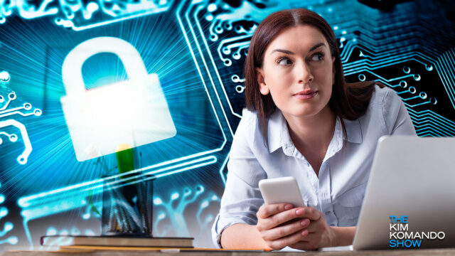 woman snooping on a laptop and phone