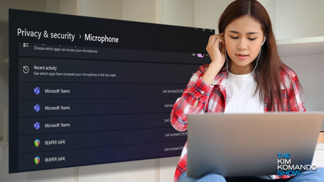 woman holding a laptop computer with a Windows security screen