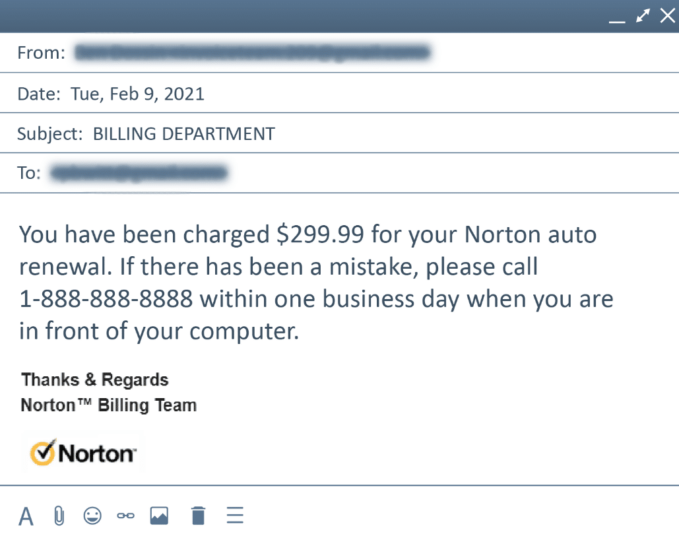 The FTC shared this example of what fake antivirus billing renewals look like. Imposter scams are trending in 2022. Use this cybersecurity tip for safety.