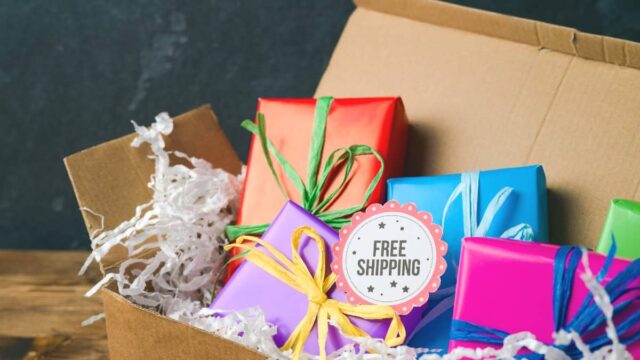 gifts in box with free shipping sticker