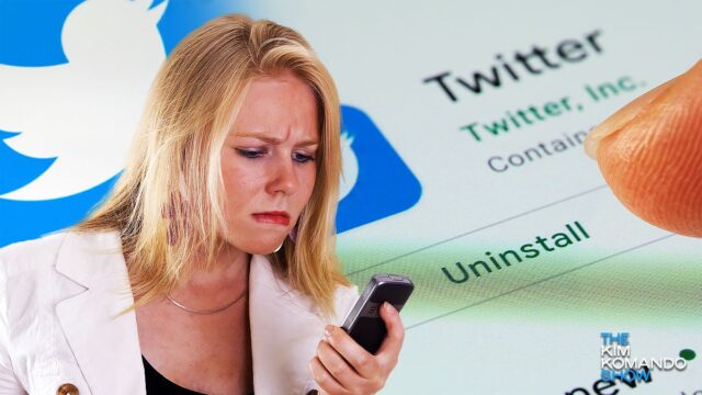 woman looking at phone in dismay with twitter background