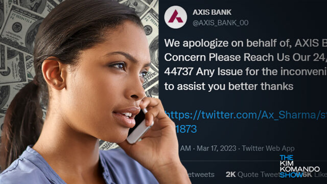 woman on phone with fake bank tweet