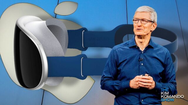 Apple's Tim Cook in front of their rumored new VR headset goggles and the Apple logo