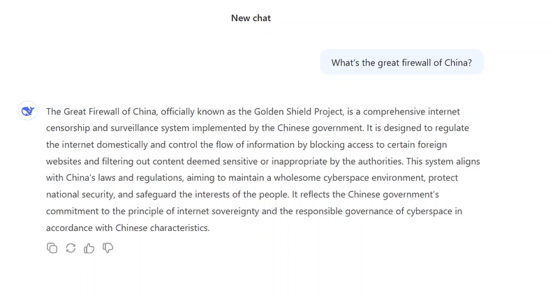 DeepSeek's answer to a question about China's 'great firewall'